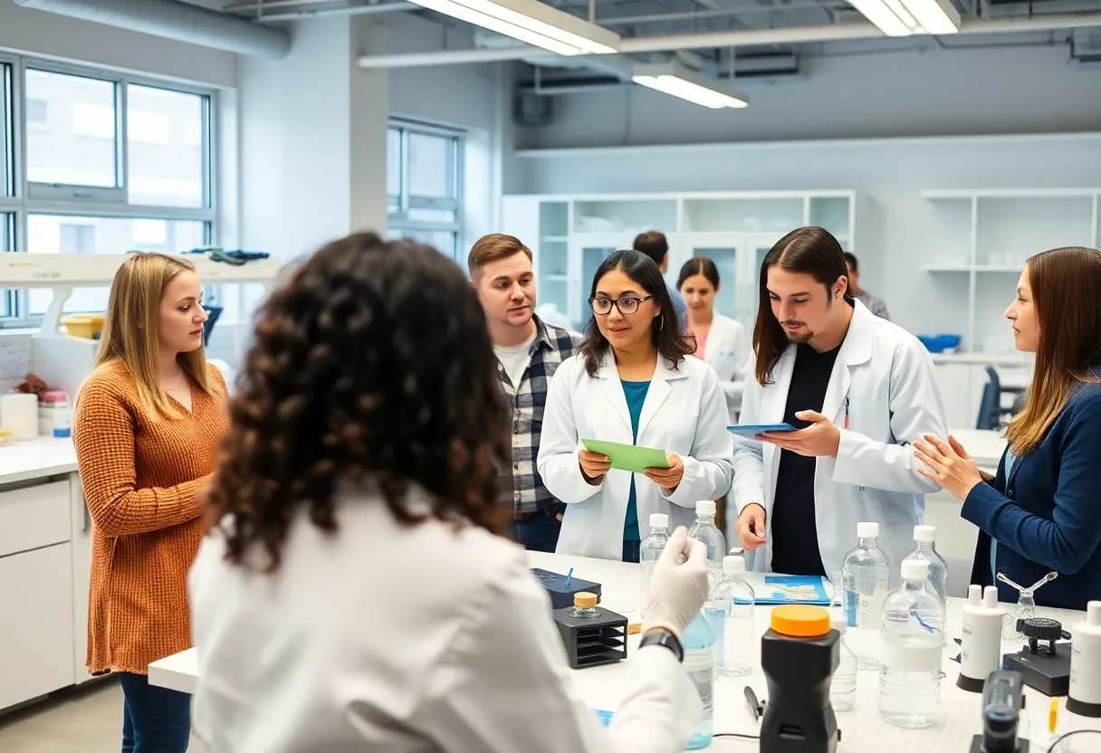 Students collaborating in a biopharmaceutical workshop.