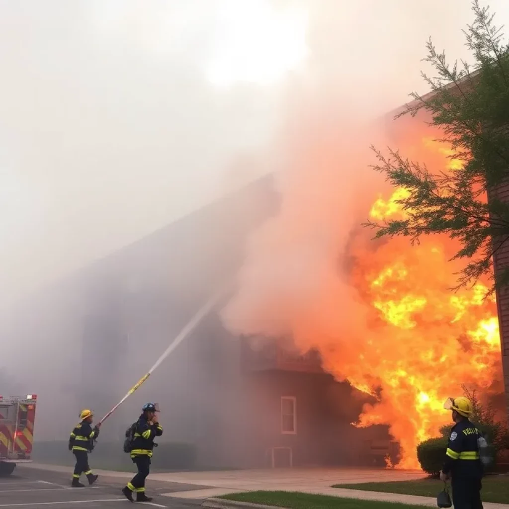 Firefighters extinguishing flames at Aura Apartments in Huntsville
