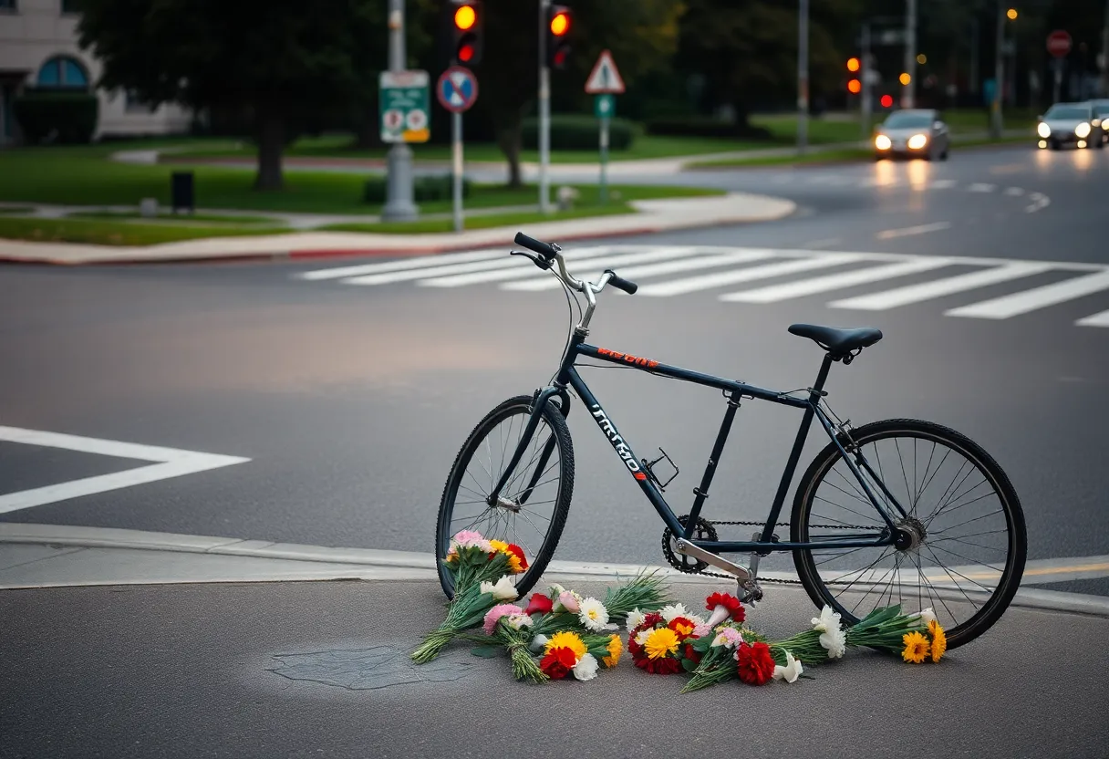 A bicycle with flowers at a street intersection for remembrance