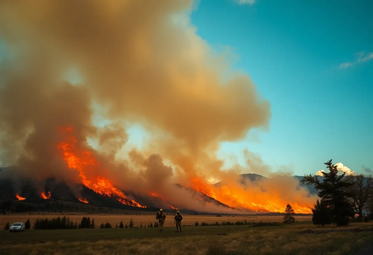 Wildfire burning in Central Oregon, showing smoke and firefighting efforts.