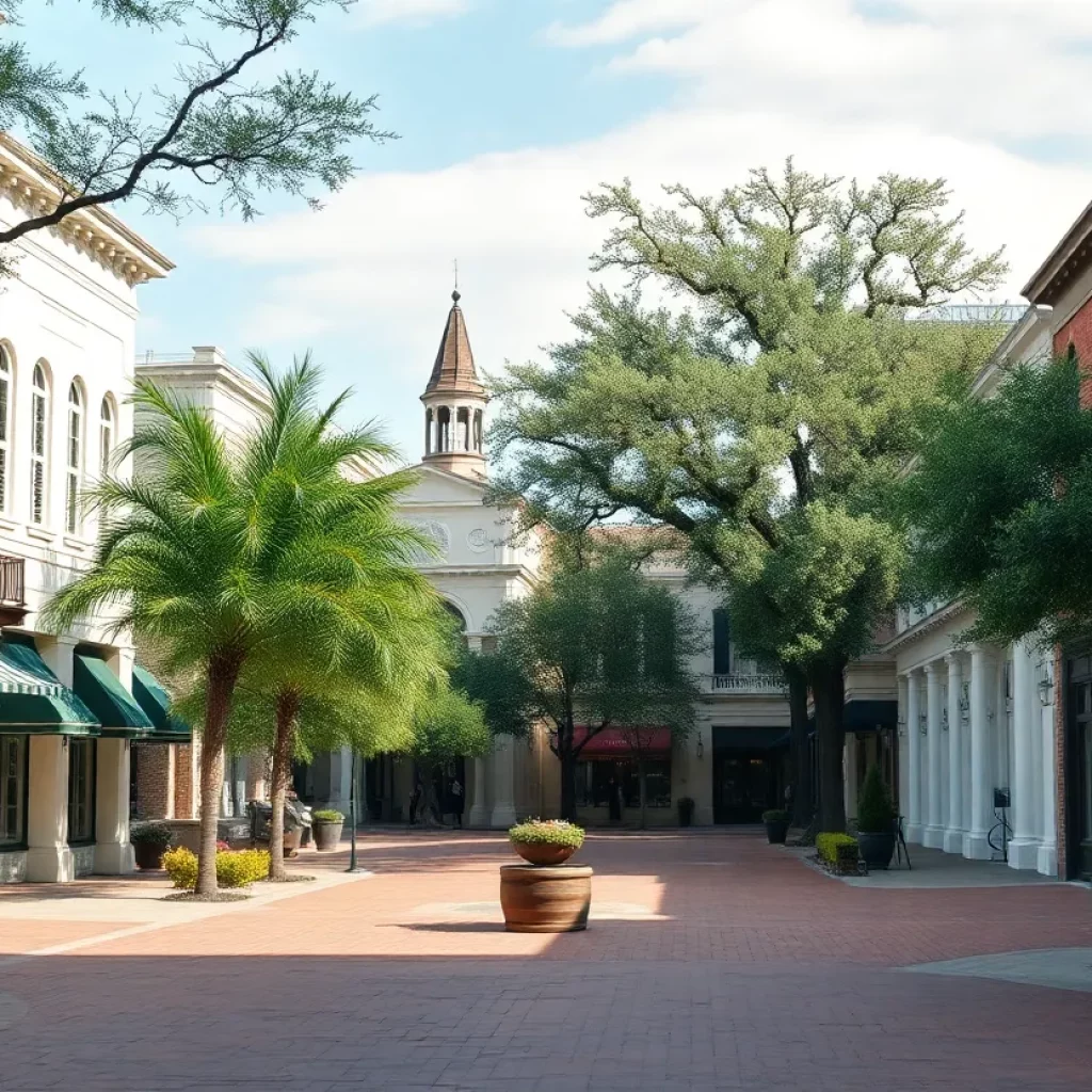A charming town square featuring the historic architecture and local shops of Athens, Alabama.