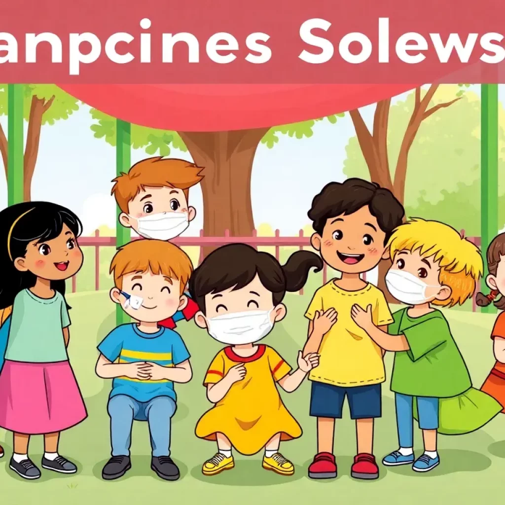 Children in a playground getting vaccinated for measles