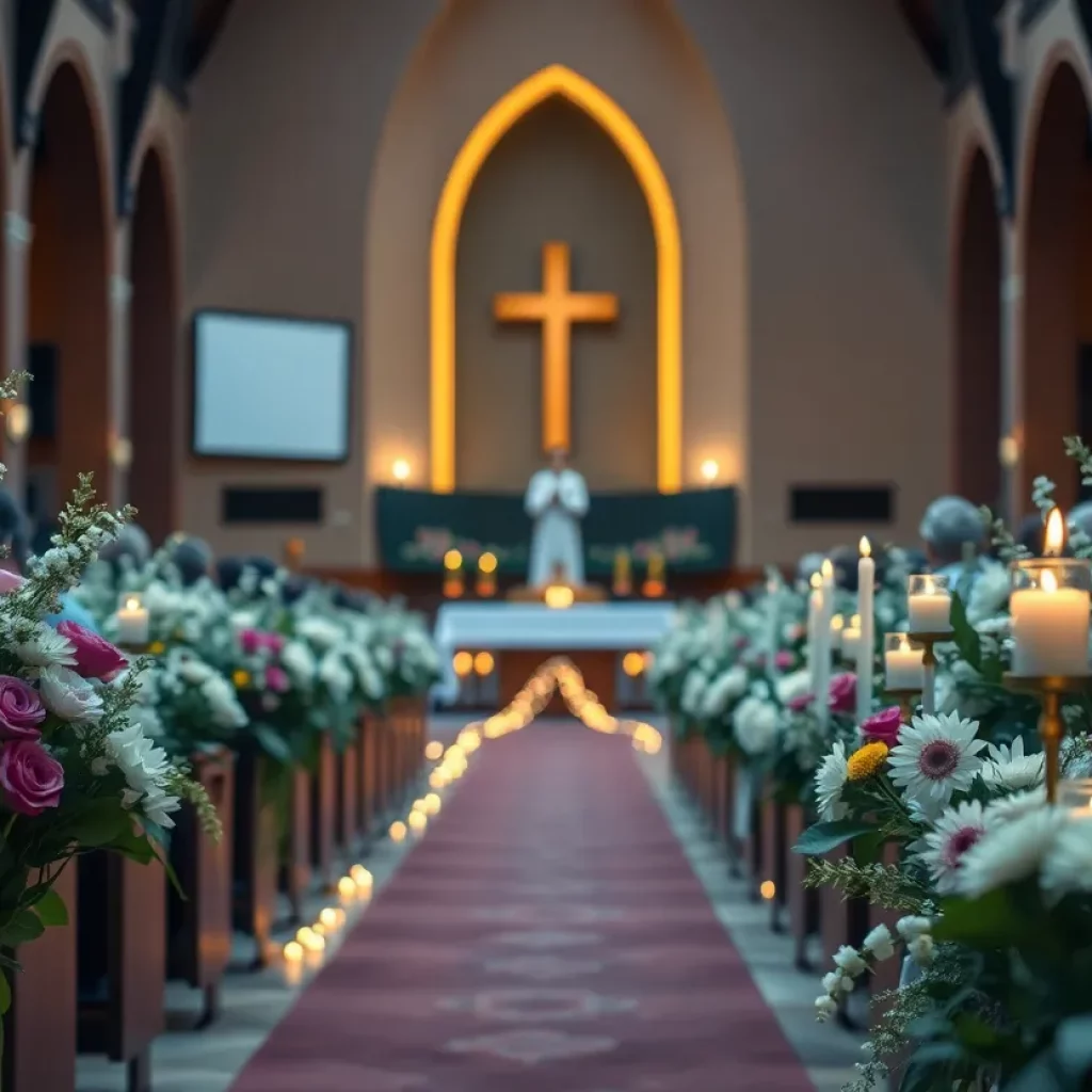 Candles and flowers surrounding a church entrance in remembrance of shooting victims