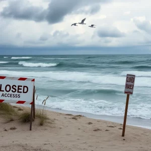 Turbulent ocean waves with closed beach signs during Hurricane Erin