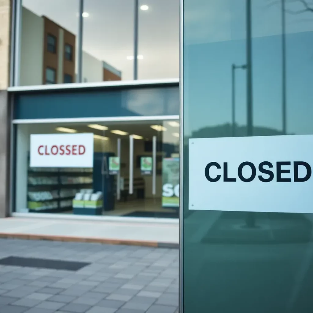 Front view of The Green Lady hemp shop closed down with signage
