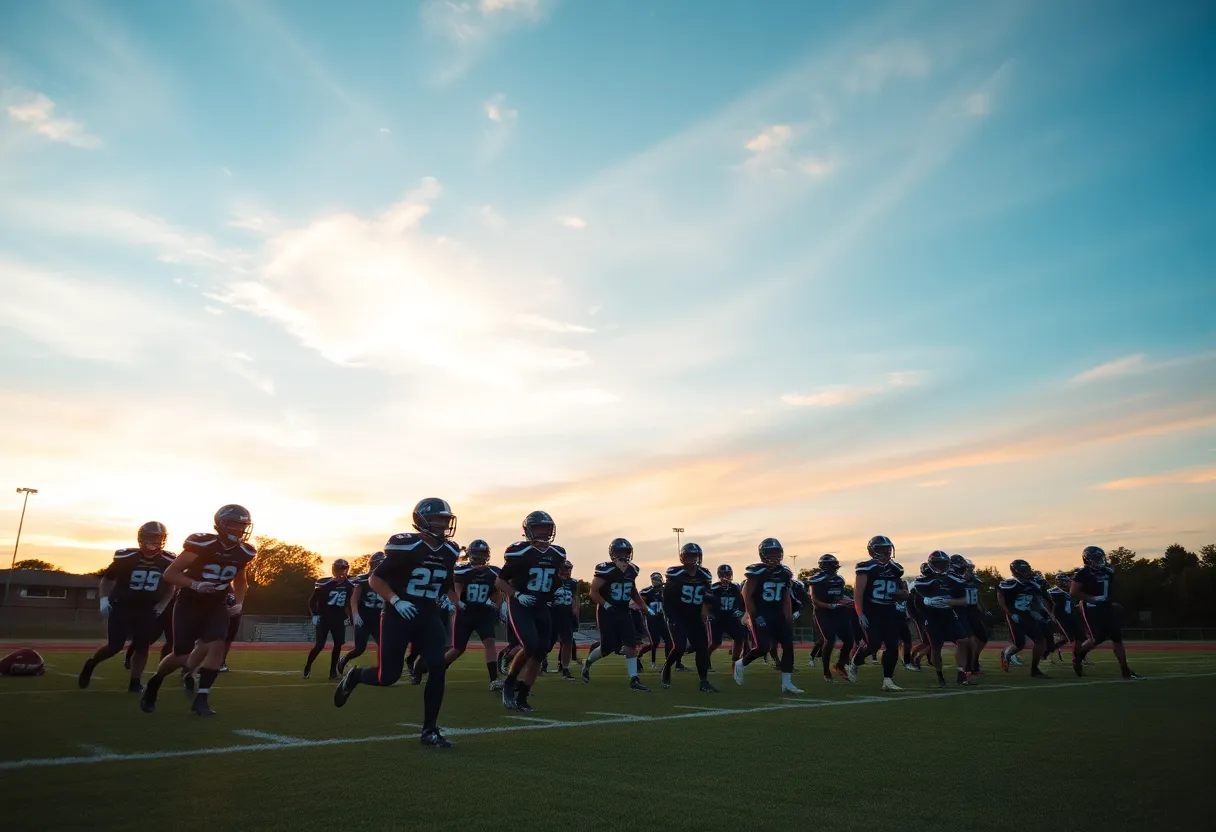 Columbia Eagles football team practicing with determination