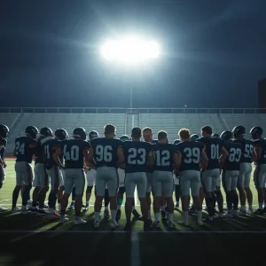 Columbia High School football team huddled together on the field