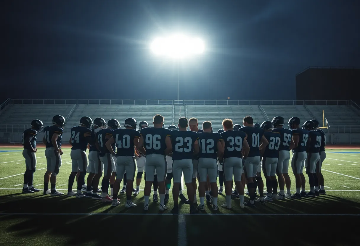 Columbia High School football team huddled together on the field