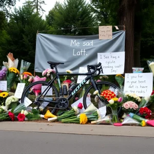 Memorial setup for a young cyclist with flowers and a bicycle.