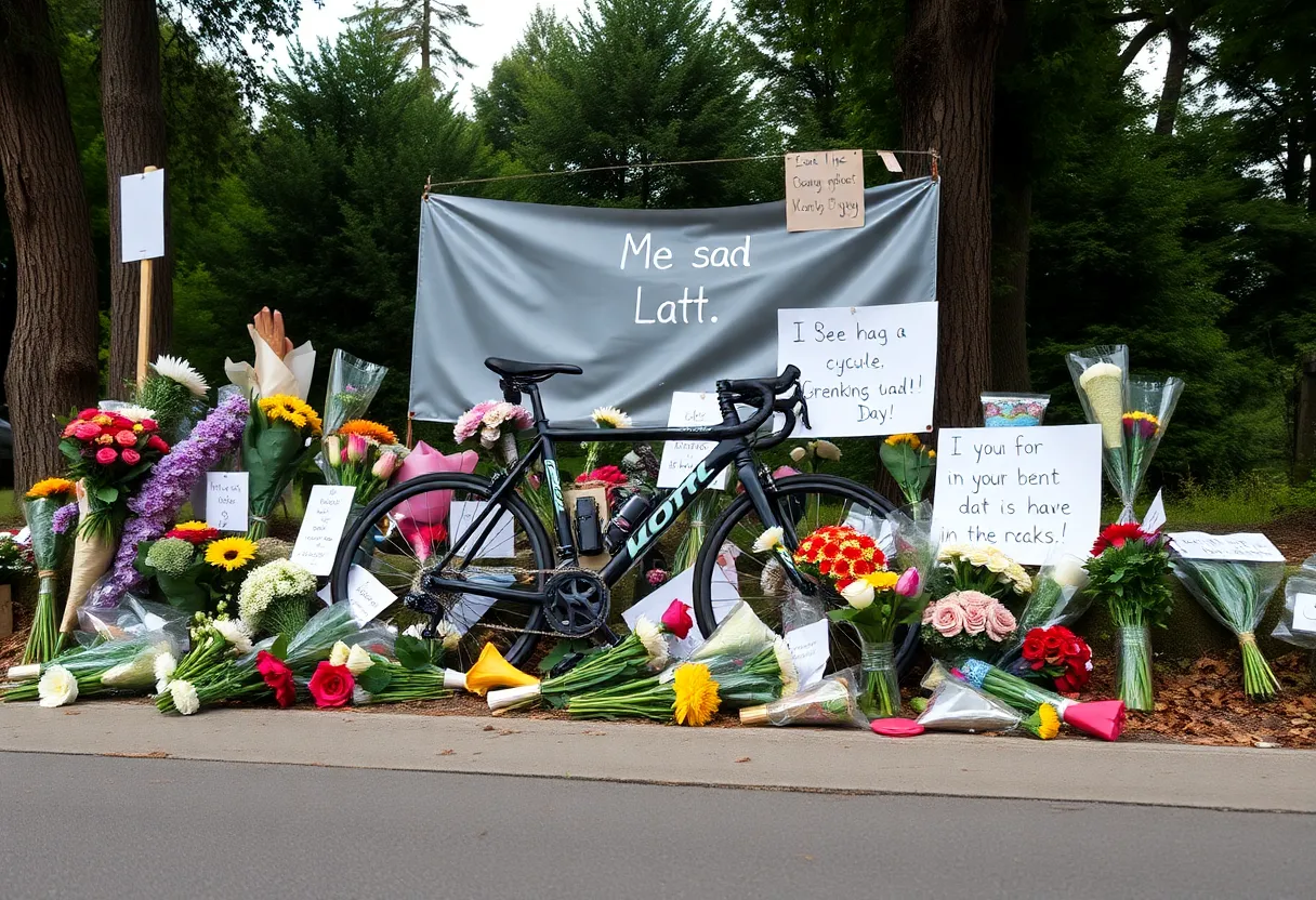 Memorial setup for a young cyclist with flowers and a bicycle.