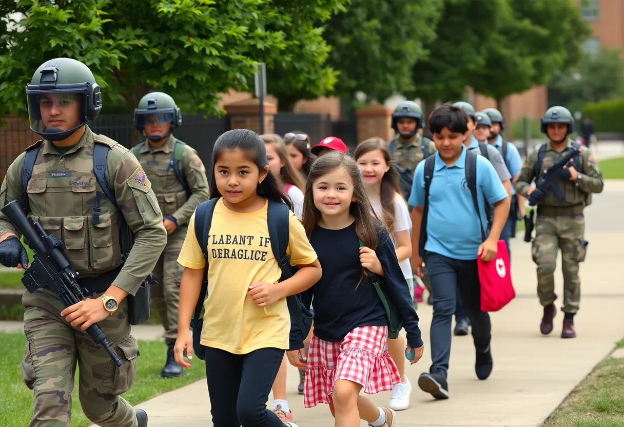Students walking to school with a visible law enforcement presence in Washington D.C.