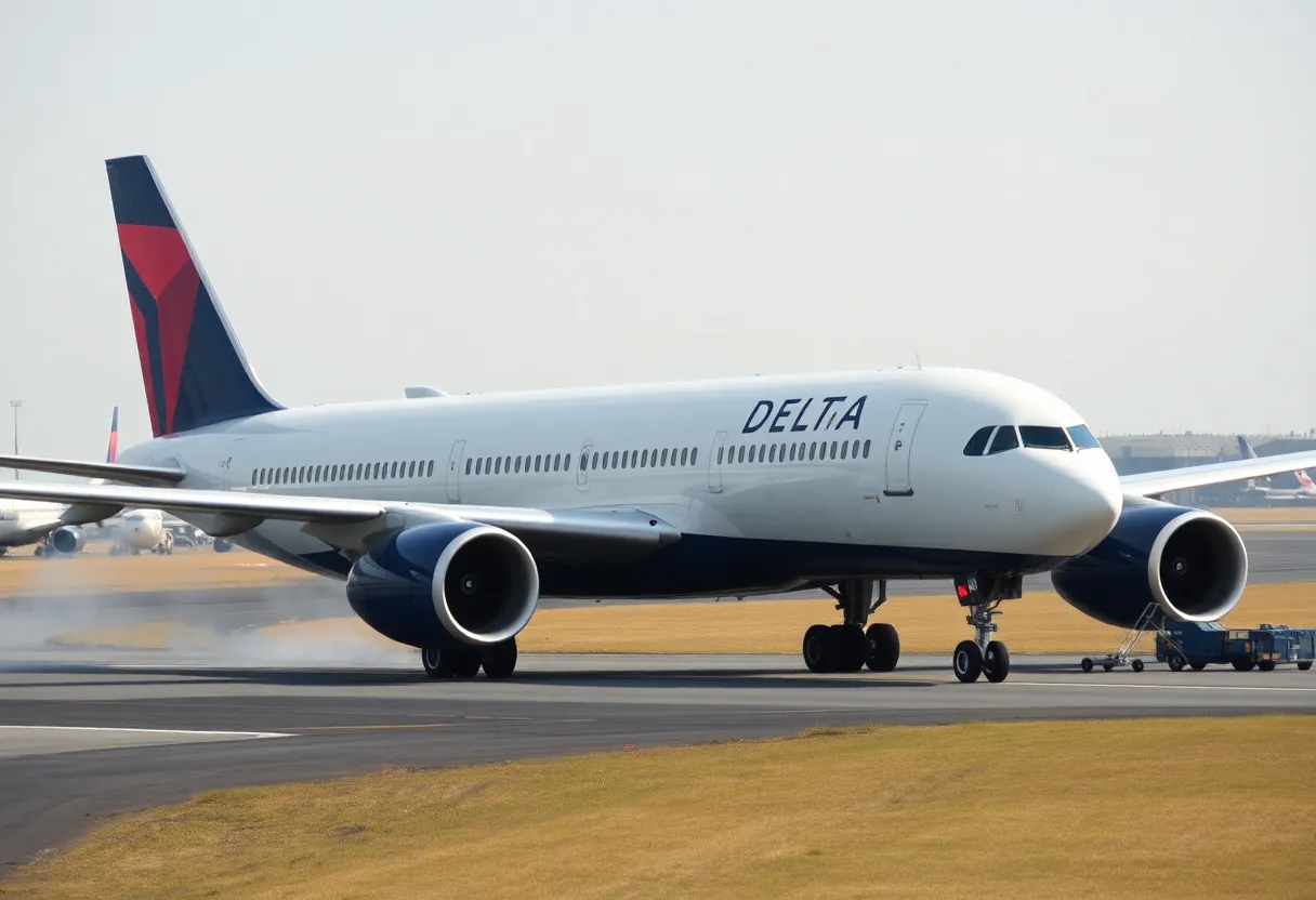 Delta Air Lines flight with smoke from engine at airport