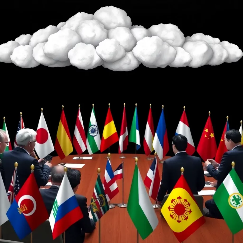 Diplomats discussing peace negotiations around a table