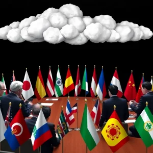 Diplomats discussing peace negotiations around a table