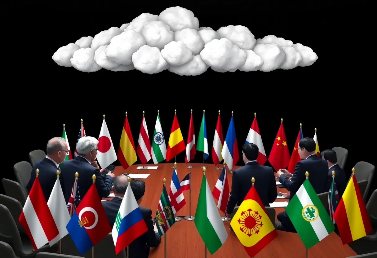 Diplomats discussing peace negotiations around a table