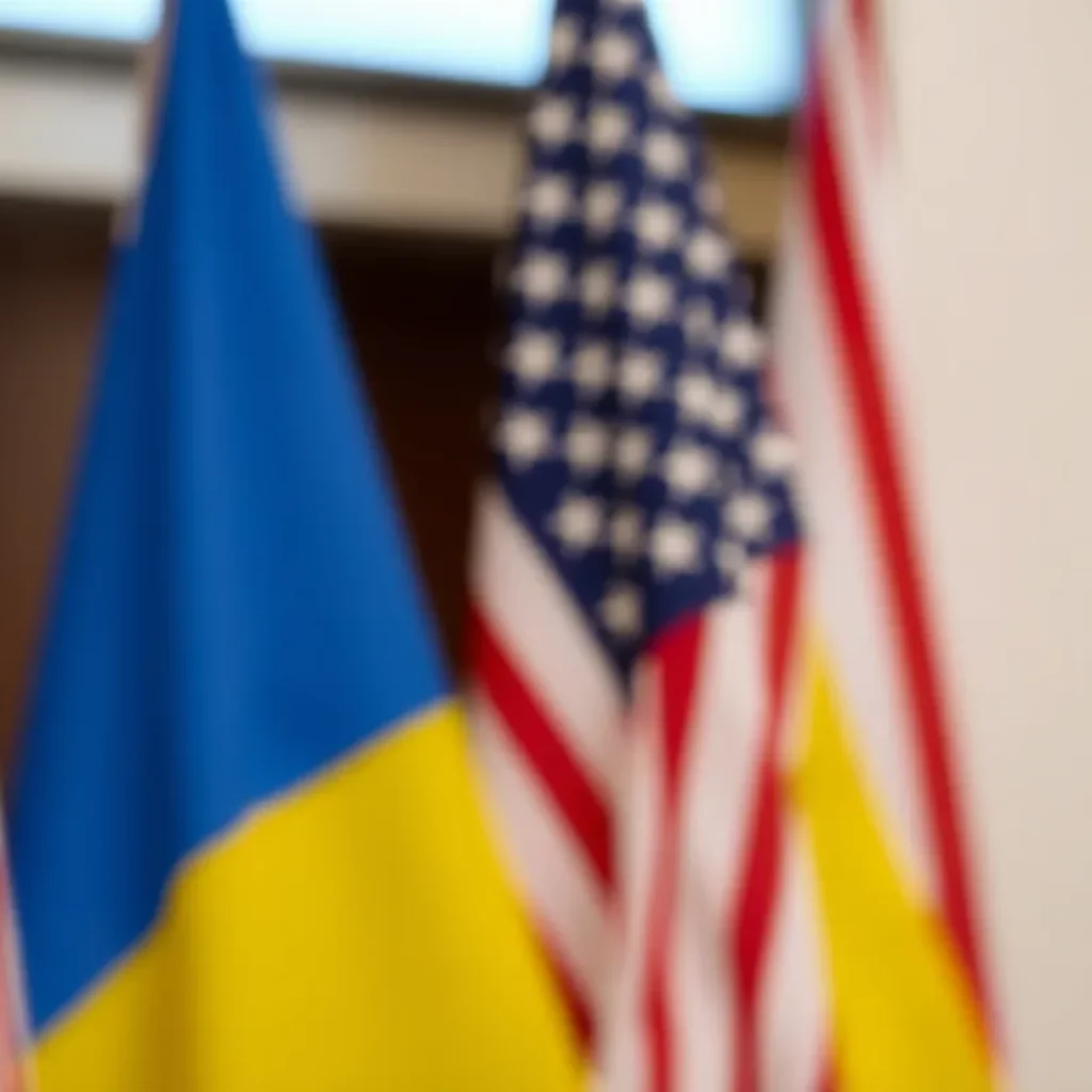 Diplomatic discussion representation with US and Ukraine flags