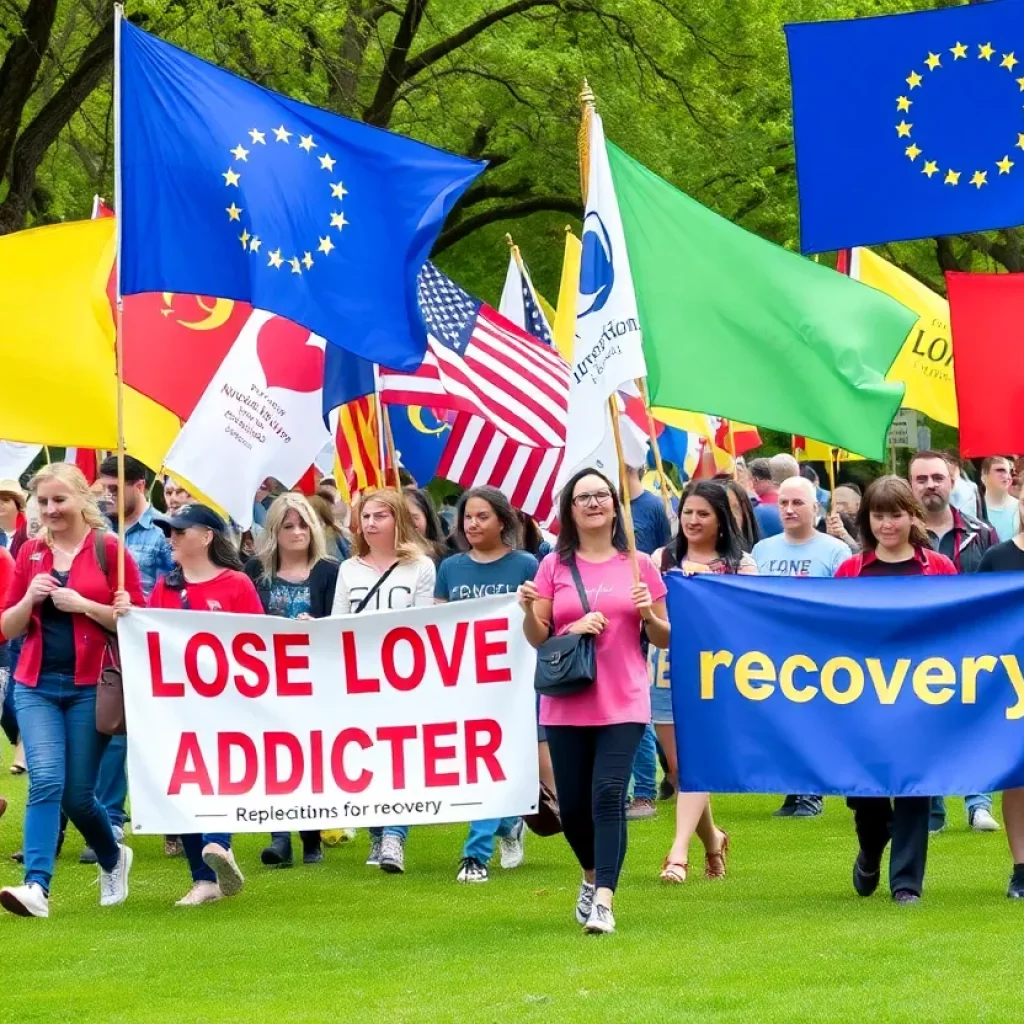 Community members walking in the End Addiction Walk at Big Spring Park, holding flags to honor lost lives.