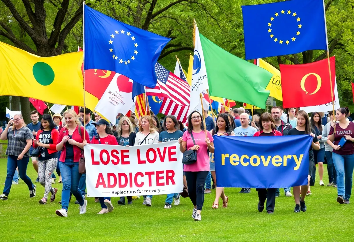 Community members walking in the End Addiction Walk at Big Spring Park, holding flags to honor lost lives.