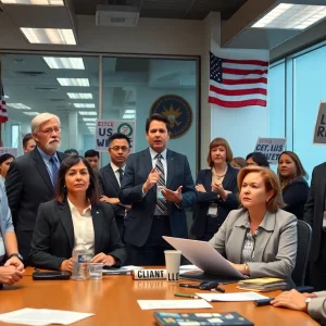 Federal employees discussing concerns about union rights and labor agreements.