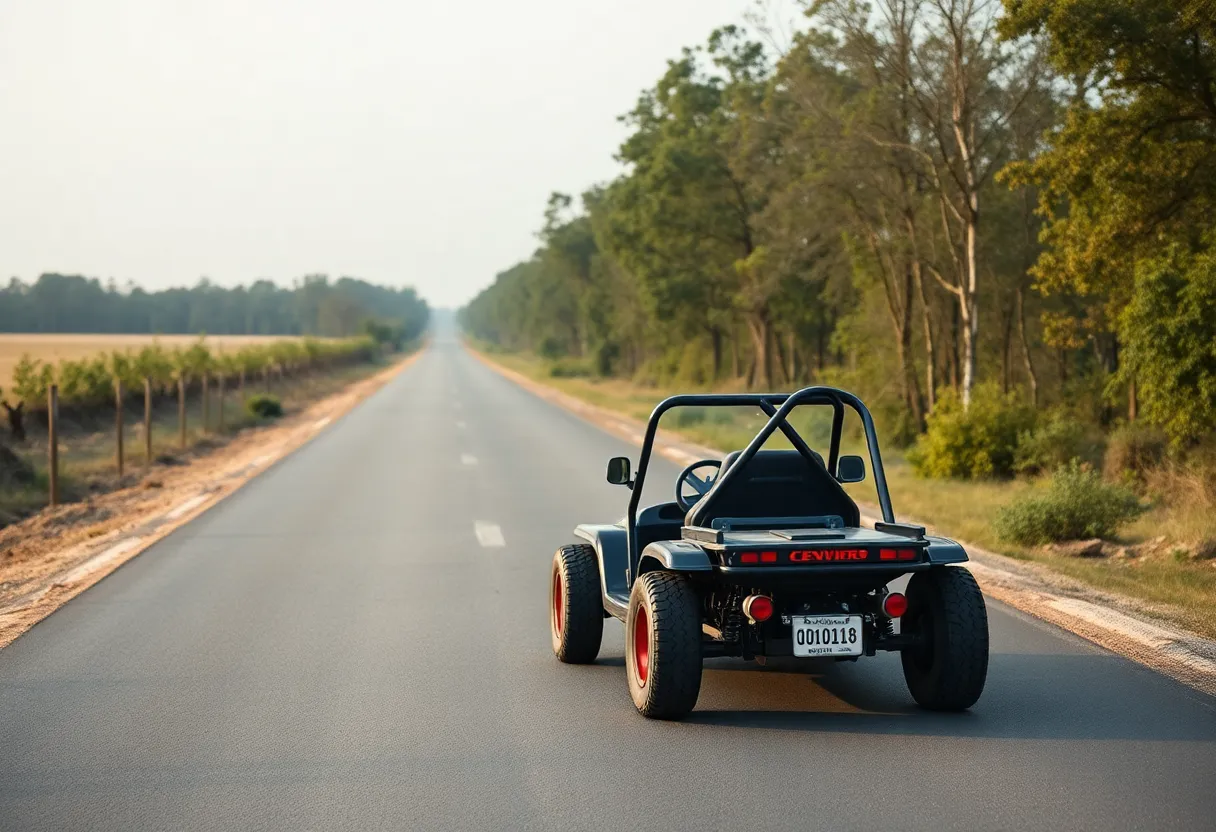 Scene of a go-kart accident with an empty rural road
