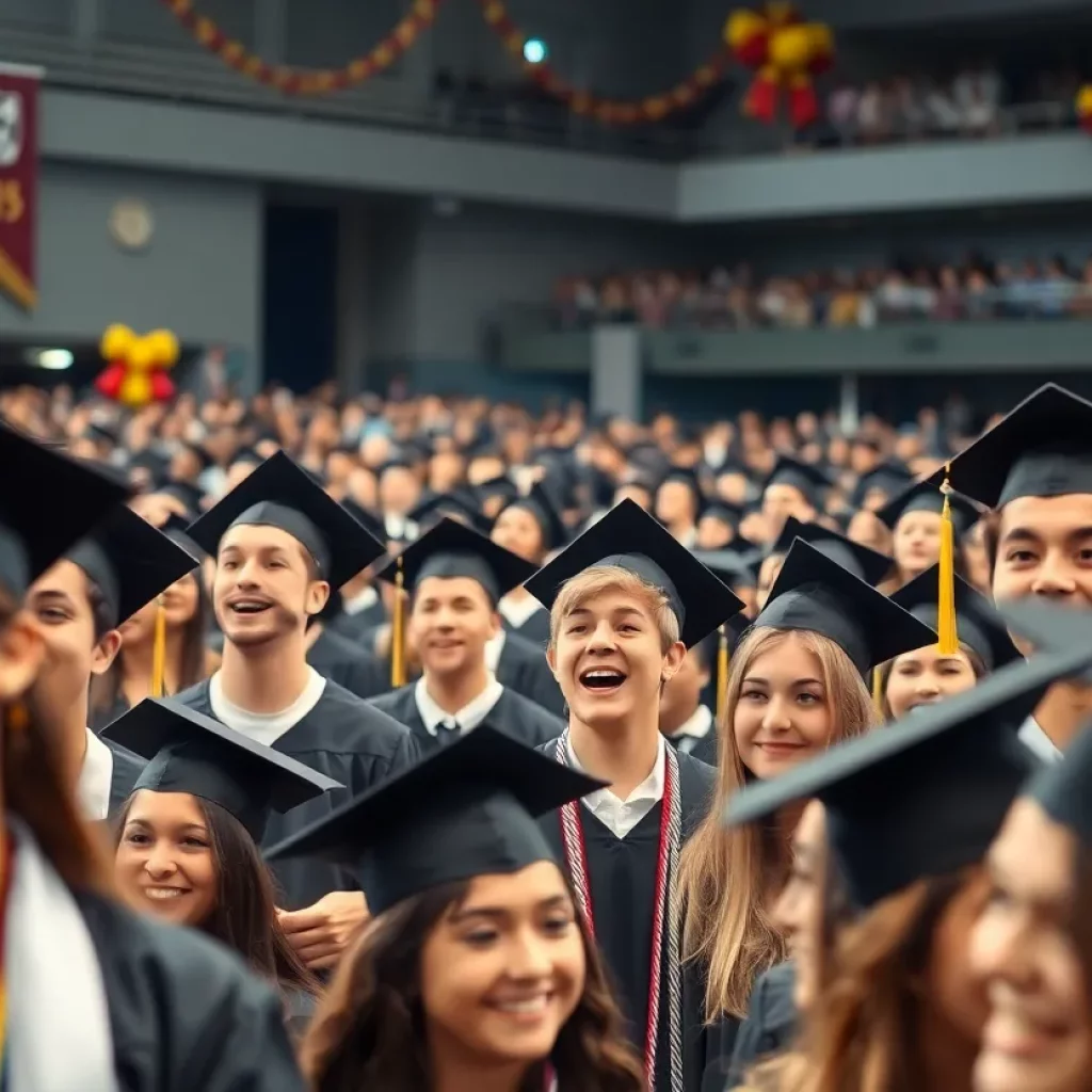 Graduation ceremony with diverse graduates celebrating the occasion.