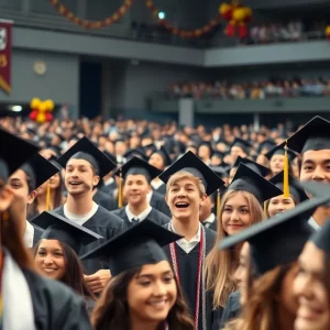 Graduation ceremony with diverse graduates celebrating the occasion.