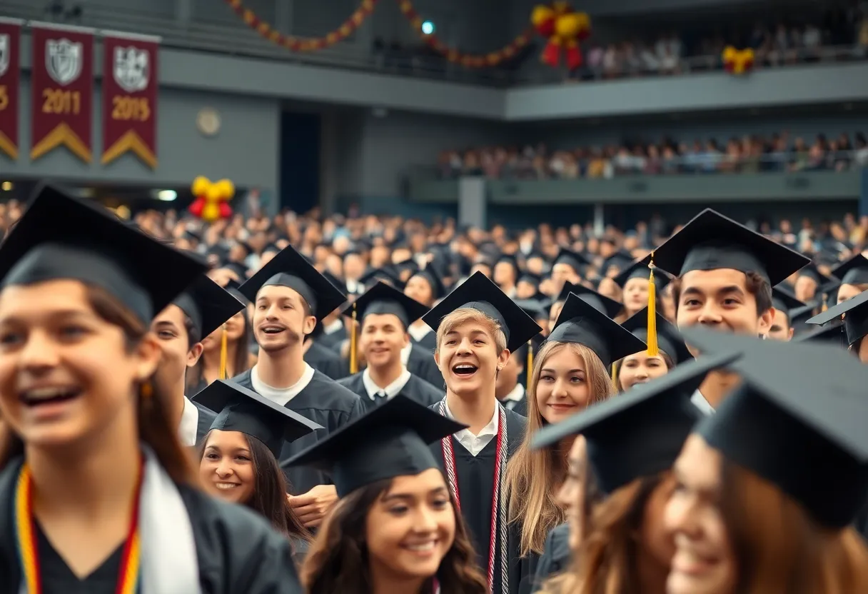Graduation ceremony with diverse graduates celebrating the occasion.