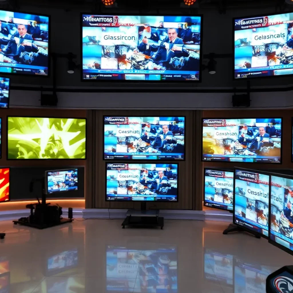 Gray Media newsroom showing televisions with news graphics.