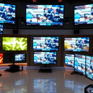 Gray Media newsroom showing televisions with news graphics.