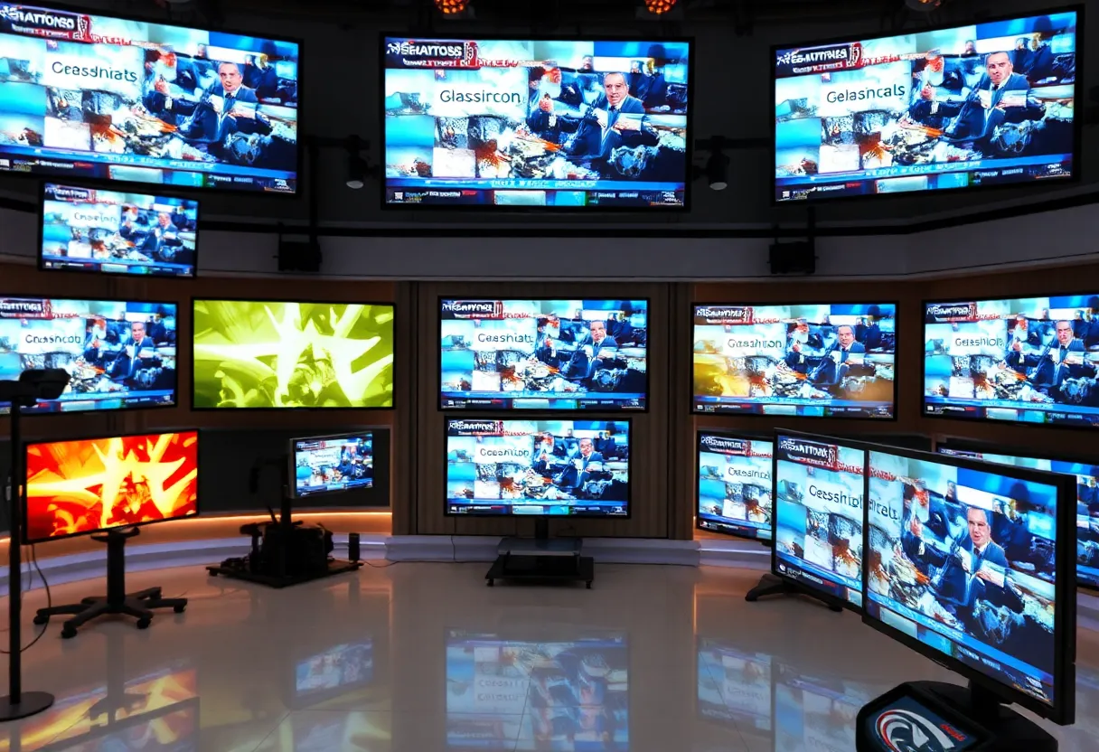 Gray Media newsroom showing televisions with news graphics.