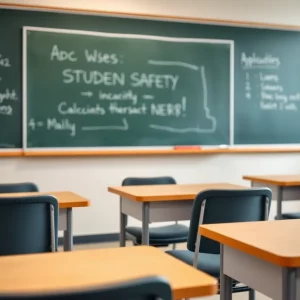 Classroom setting at Hampton Cove Middle School with empty desks