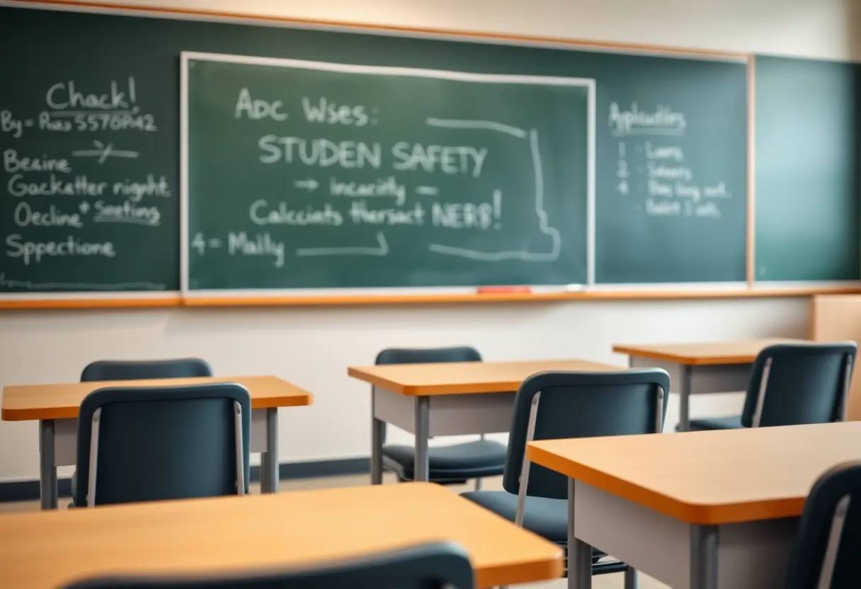 Classroom setting at Hampton Cove Middle School with empty desks