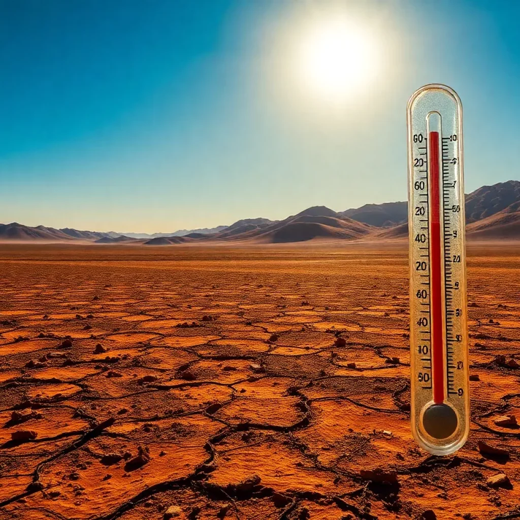 Landscape depicting a heat wave in the Western U.S. with bright sunlight and high temperatures.