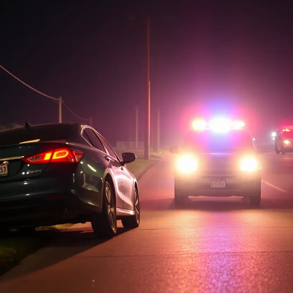 Car crash scene involving a utility pole at night