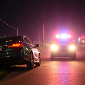 Car crash scene involving a utility pole at night