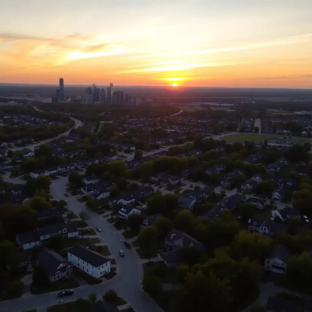 Aerial view of the Huntsville Alabama skyline with residential neighborhoods