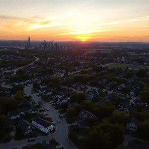 Aerial view of the Huntsville Alabama skyline with residential neighborhoods