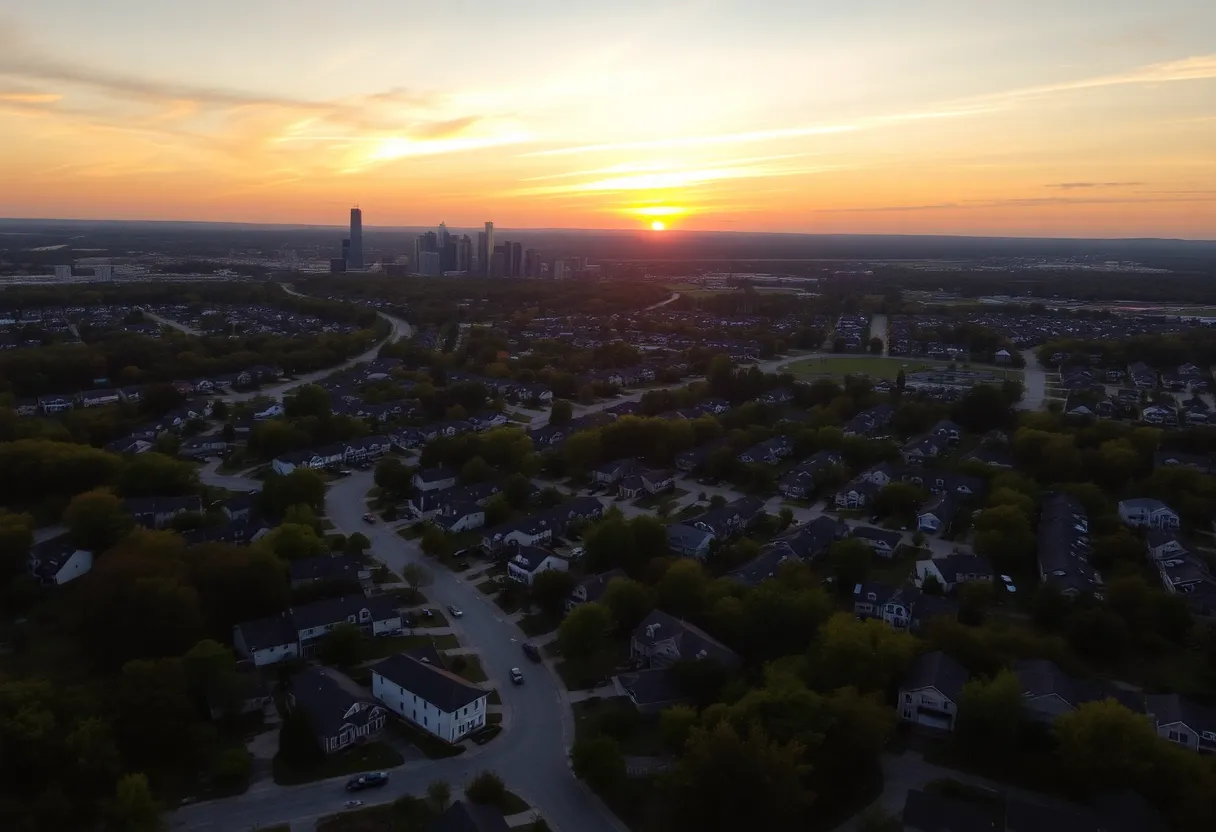 Aerial view of the Huntsville Alabama skyline with residential neighborhoods