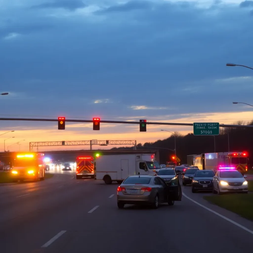 Scene of a multi-vehicle accident on Highway 53 with emergency response vehicles