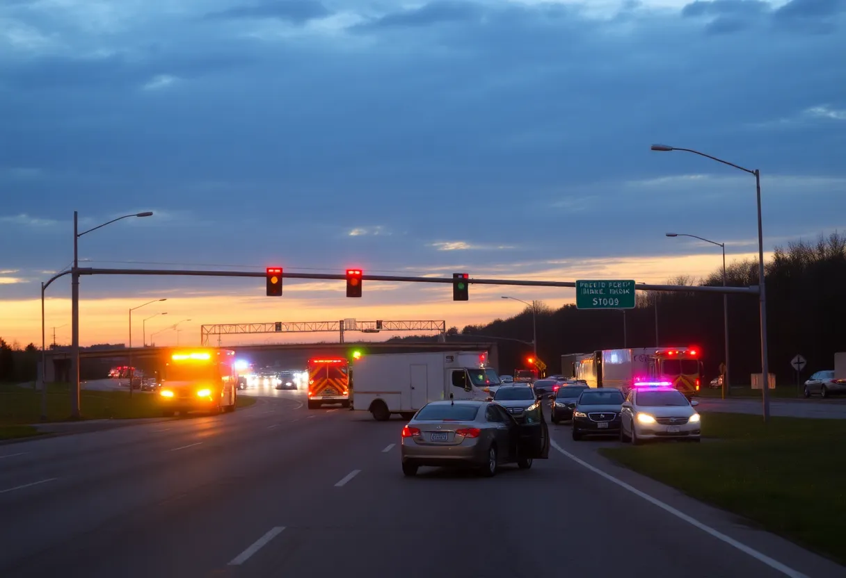 Scene of a multi-vehicle accident on Highway 53 with emergency response vehicles