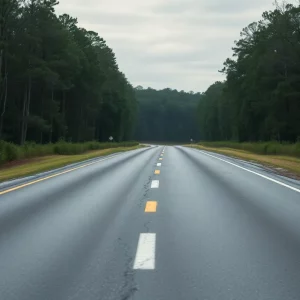 A rural road in Huntsville, Alabama, surrounded by trees, reflecting the aftermath of a car accident.