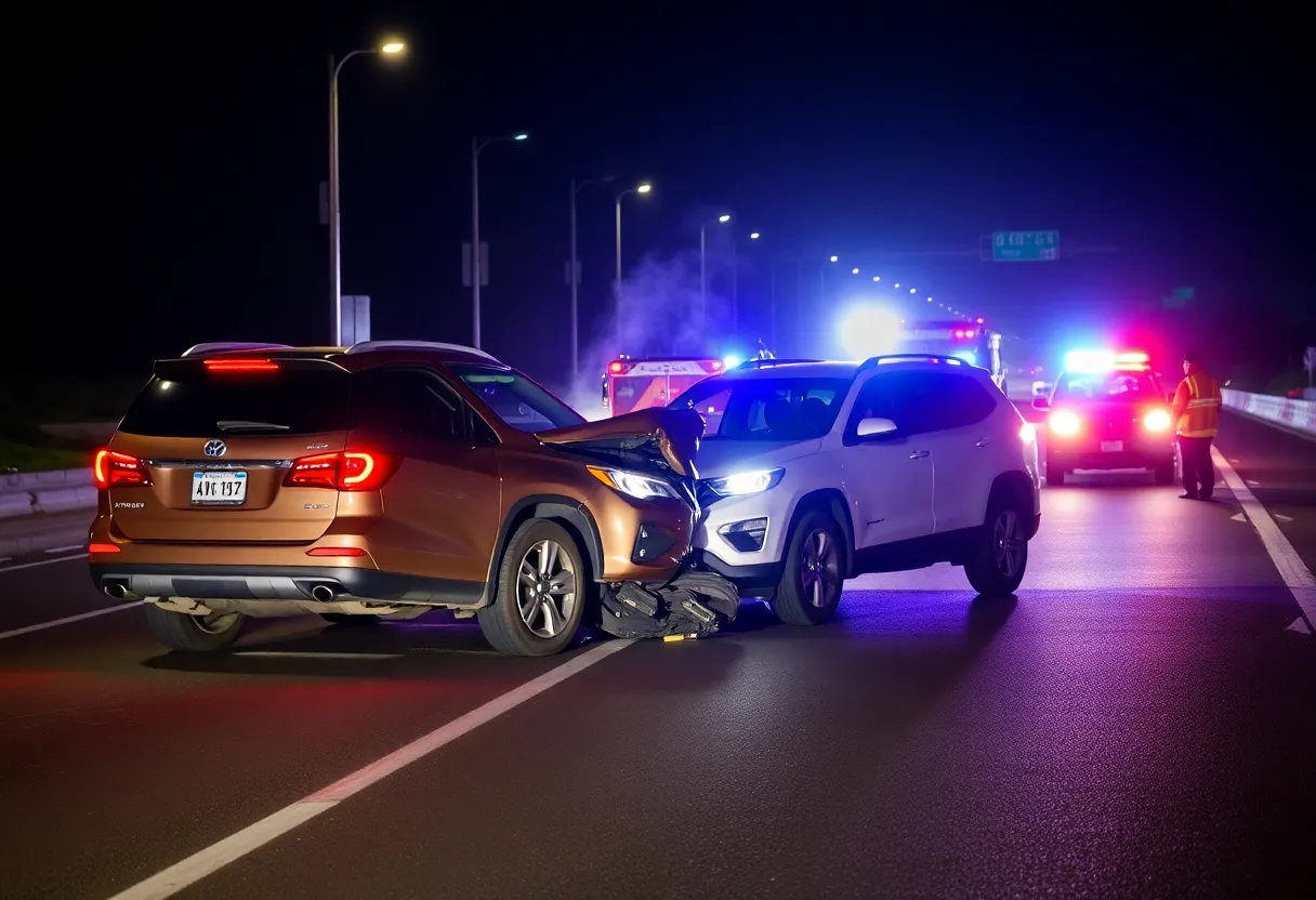 Emergency responders at the scene of a fatal crash in Huntsville involving two SUVs.
