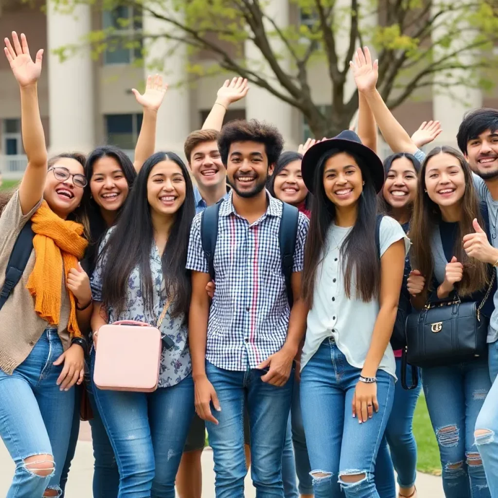 Diverse group of freshman students celebrating on campus
