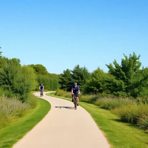 Cyclists on a picturesque greenway trail in Huntsville