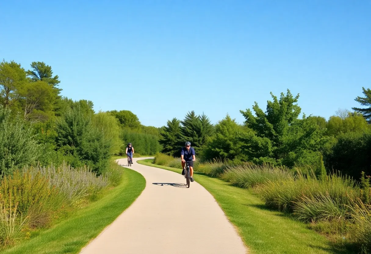 Cyclists on a picturesque greenway trail in Huntsville