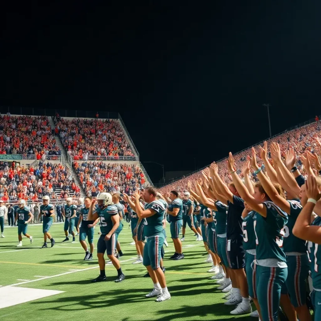 Crowd cheering at a high school football game in Huntsville
