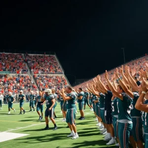Crowd cheering at a high school football game in Huntsville
