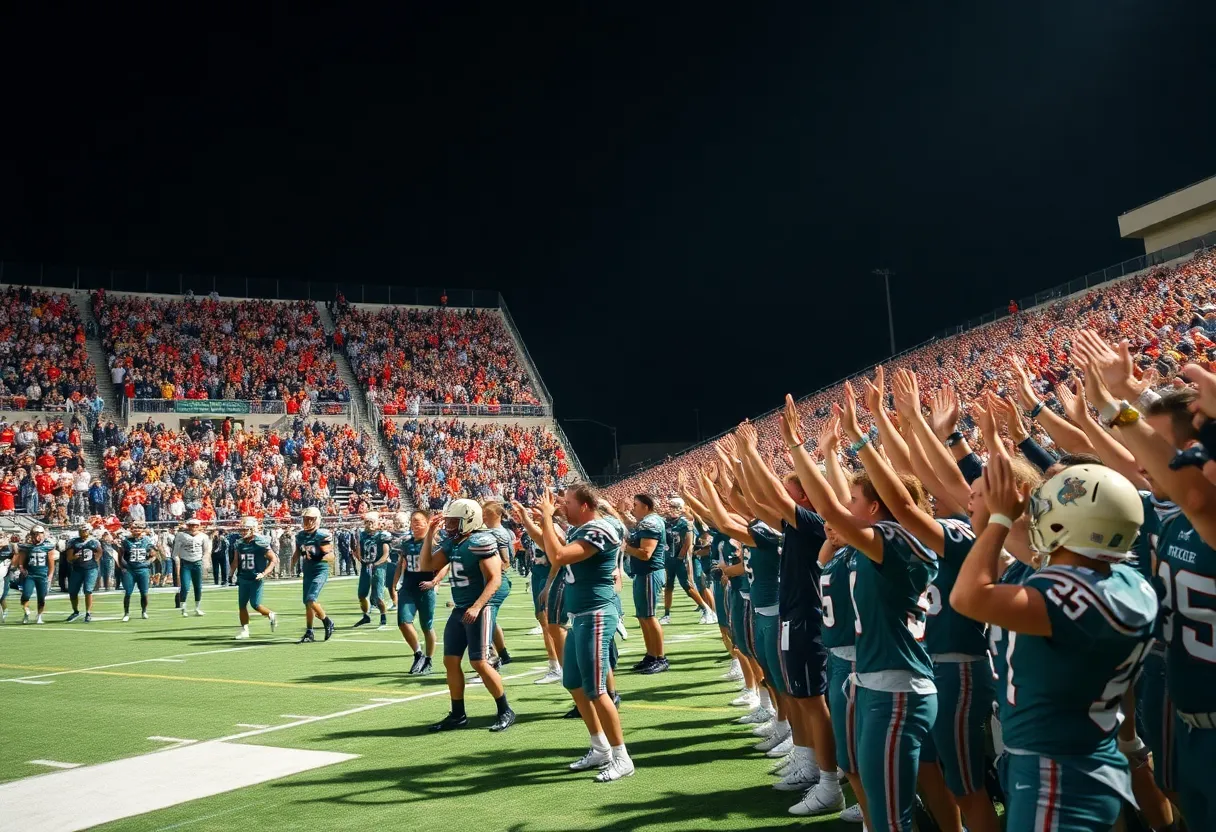 Crowd cheering at a high school football game in Huntsville