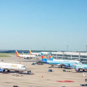 Aerial view of Huntsville International Airport showcasing Allegiant Air service.