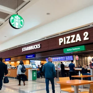 New dining area at Huntsville International Airport with Starbucks and Interstellar Pizza